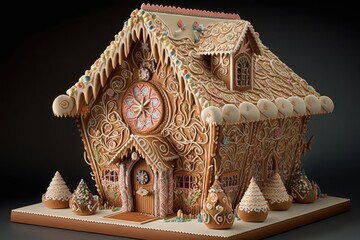 A decorative gingerbread house with intricate icing and candy details. Generative AI