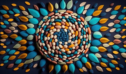  a painting of a circular arrangement of colorful stones and leaves.  generative ai