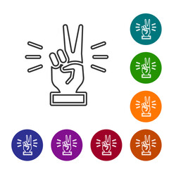 Black line Hand showing two finger icon isolated on white background. Victory hand sign. Set icons in color circle buttons. Vector