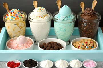 A DIY ice cream sundae bar, with a variety of toppings and flavors to choose from. Generative AI
