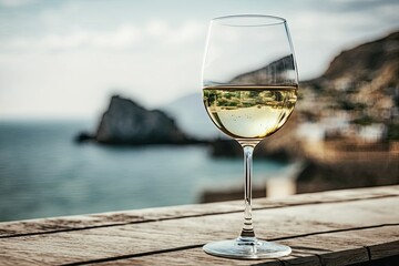 A glass of white wine on a classy outdoor terrace with a stunning ocean view. Generative AI