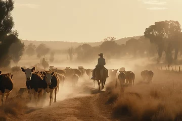 Fotobehang Australian outback landscape with man on horse herding cattle along a dusty road at sunset.  Generative AI © Inge