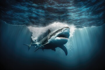 A great white shark swimming in the deep blue sea. Generative AI