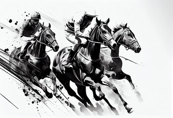 Racing horse with jockey. Equestrian sport. Illustration of ink paints. Generative AI.