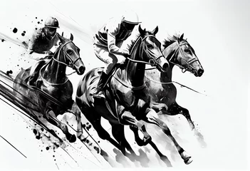 Zelfklevend Fotobehang Racing horse with jockey. Equestrian sport. Illustration of ink paints. Generative AI. © junghc1