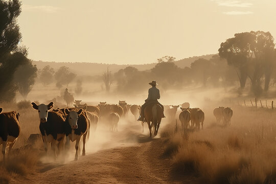 Australian outback landscape with man on horse herding cattle along a dusty road at sunset.  Generative AI