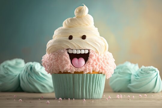 A silly cupcake with a smiling face covered in frosting. Generative AI