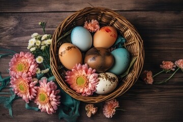 Fototapeta na wymiar rustic basket filled with colorful eggs and fresh flowers on a wooden table created with Generative AI technology