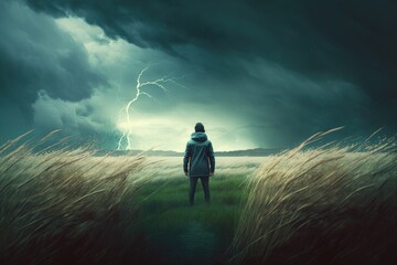 A person standing in a field of tall grass, watching a storm approach. Generative AI