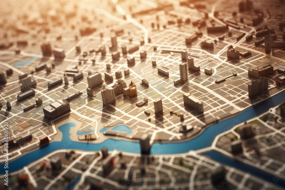 Wall mural miniature cityscape with a river flowing through it created with generative ai technology