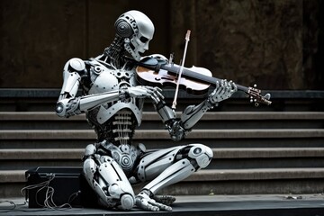 Naklejka premium A robot musician performing a concert on a stage. Generative AI