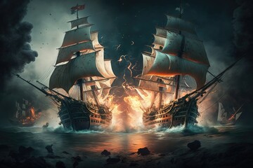 Obraz premium A sea battle between two pirate ships, with cannons firing and swords clashing. Generative AI
