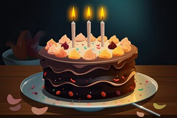 Birthday cake with chocolate frosting and three candles. Generative AI