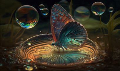  a blue butterfly sitting on top of a puddle of water.  generative ai