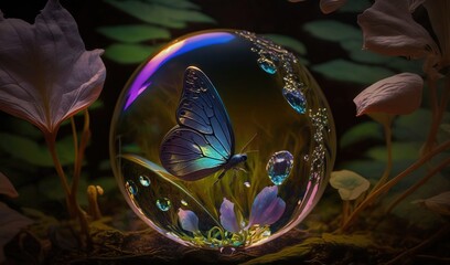  a glass ball with a butterfly inside of it on a mossy surface.  generative ai