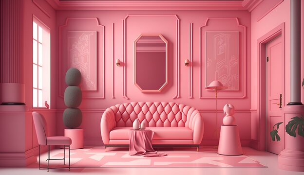 Pink living room interior design. Home background furniture 3d rendering of architecture modern.. Generative Ai.