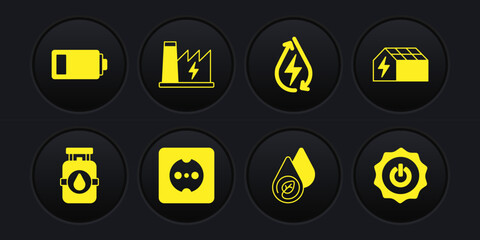 Set Propane gas tank, Solar energy panel, Electrical outlet, Water, Nuclear power plant, Power button and Battery icon. Vector