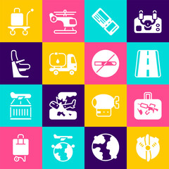 Set Plane propeller, Suitcase, Airport runway, Airline ticket, Fuel tanker truck, Airplane seat, Trolley baggage and No Smoking icon. Vector