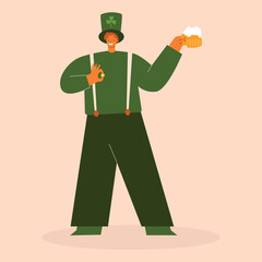 A cartoon of a man in a leprechaun hat holding a glass of beer.