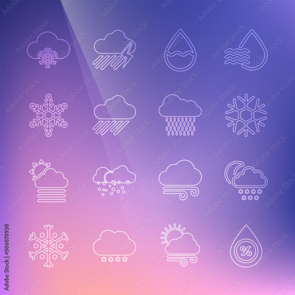 Poster Set line Water drop percentage, Cloud with snow and moon, Snowflake, rain, and icon. Vector