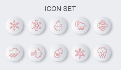 Set line Cloud with rain and lightning, Water drop, Snowflake, percentage and icon. Vector