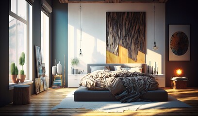  a bedroom with a large bed and a painting on the wall.  generative ai