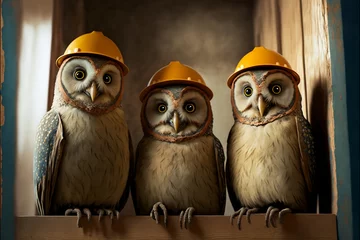 Washable Wallpaper Murals Owl Cartoons Owls Wearing Hard Hats Generative AI