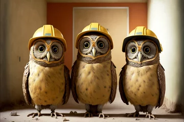 Acrylic prints Owl Cartoons Owls Wearing Hard Hats Generative AI