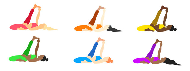 Flexibility yoga poses collection. European, African, Asian female, lady, woman, girl. Pilates, mental health, training, gym. Vector illustration in cartoon flat style isolated on white background.