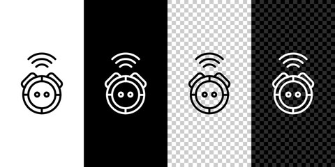 Set line Robot vacuum cleaner icon isolated on black and white background. Home smart appliance for automatic vacuuming, digital device for house cleaning. Vector