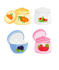 Different types of scrub and body cream in a jar. Hair balm. Vector set for body and hair care.