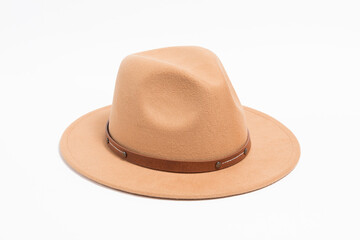 Stilish brown safari style hat with strap for women, isolated white background.