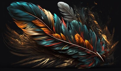  a close up of a colorful feather on a black background.  generative ai