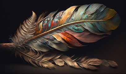  a colorful feather is laying on a black surface with a black background.  generative ai