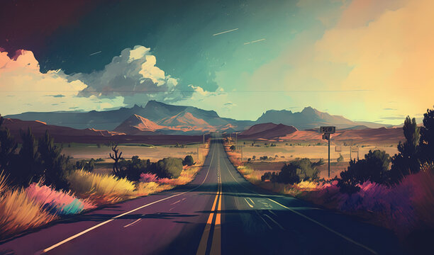  a digital painting of a desert road with mountains in the background.  generative ai