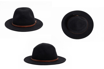 Set of 3 angles Front view stilish black hat for women, isolated white background.