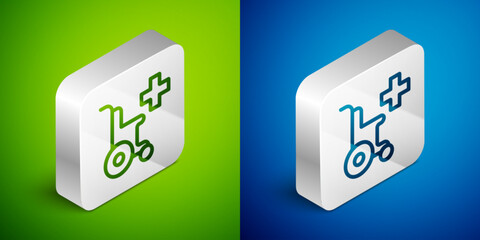 Isometric line Wheelchair for disabled person icon isolated on green and blue background. Silver square button. Vector