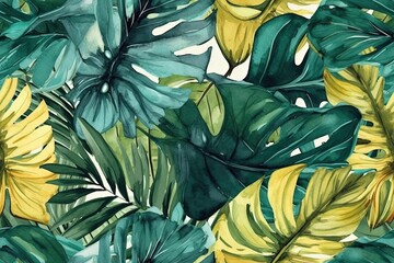 Illustration of yellow and green watercolor leaves created with Generative AI technology