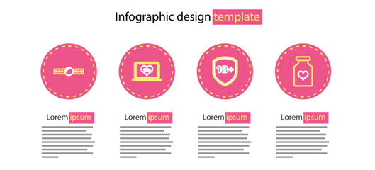 Set line Shield with 18 plus, Bottle pills for potency, Laptop content and Silicone ball gag icon. Vector