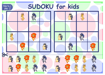 Solve the sudoku puzzle. Logic puzzle for kids. Education game for children. Worksheet vector design for schoolers. animals