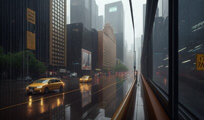  a rainy city street with a yellow taxi cab driving down it.  generative ai