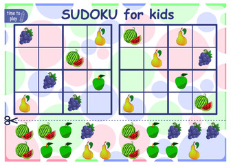 Solve the sudoku puzzle. Logic puzzle for kids. Education game for children. Worksheet vector design for schoolers. vegetables- fruits