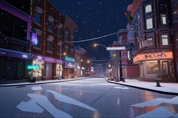 A city street at night lit up by the glow of street Generative AI