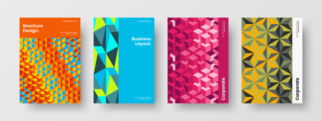 Abstract geometric pattern booklet template set. Multicolored placard A4 design vector layout collection.