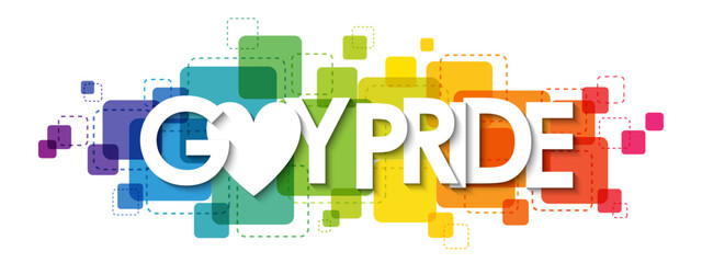 GAY PRIDE colorful rainbow gradient vector typography banner with heart symbol