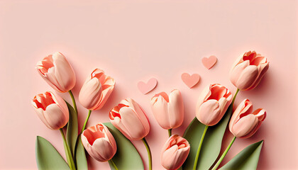 Spring tulip flowers with pink hearts on pastel background top view. For International Women Day, Mother day with Generative AI Technology
