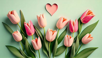 Spring tulip flowers with pink hearts on pastel background top view. For International Women Day, Mother day with Generative AI Technology