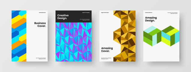 Multicolored annual report A4 design vector layout bundle. Colorful geometric hexagons company identity template composition.