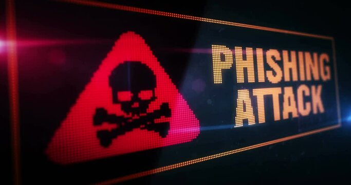 Phishing attack symbol light flashing on digital display. Cyber attack security breach with skull icon on pixel led screen. Close-up abstract concept.