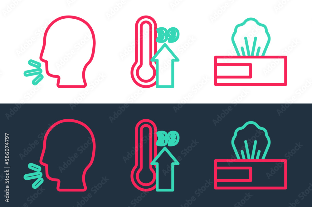 Sticker Set line Wet wipe pack, Man coughing and High human body temperature icon. Vector